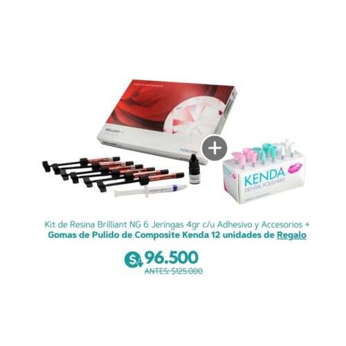Kit de Resina Brilliant NG 6 Jeringas 4gr c/u Adhesivo y Accesorios + Gomas de Pulido de Composite Kenda 12 unidades de Regalo - COA