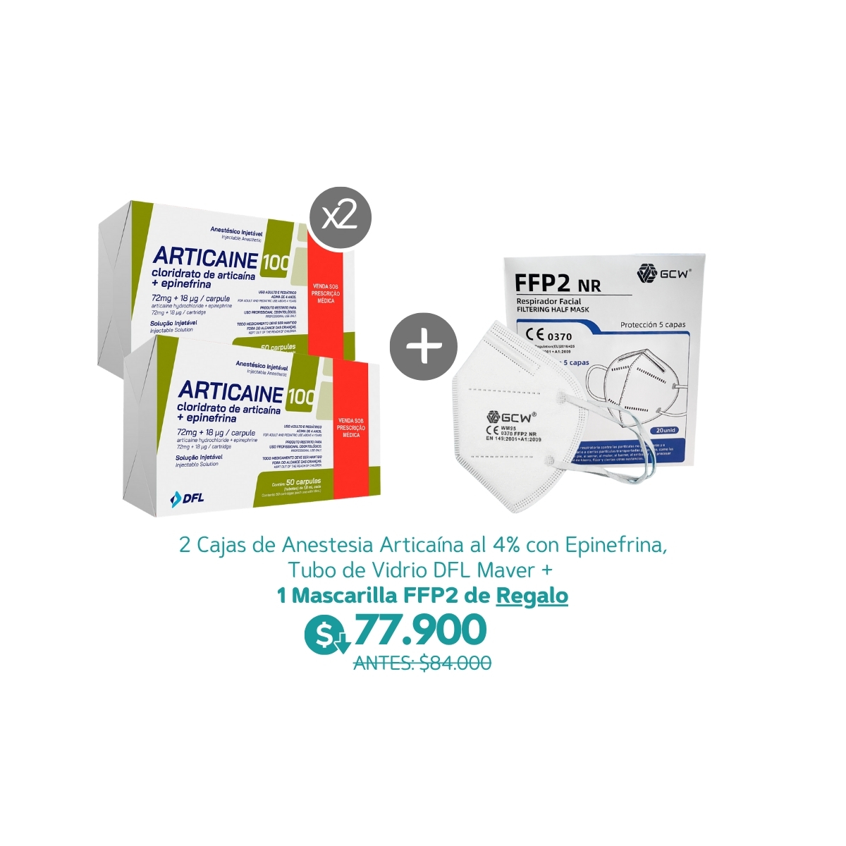 2 Cajas de Anestesia Articaína al 4% con Epinefrina, Tubo de Vidrio DFL Maver + 1 Mascarilla FFP2 de Regalo